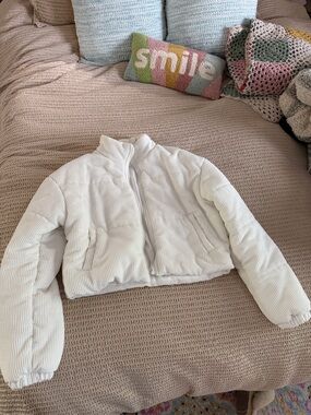 Cropped White Corduroy Puffer Jacket